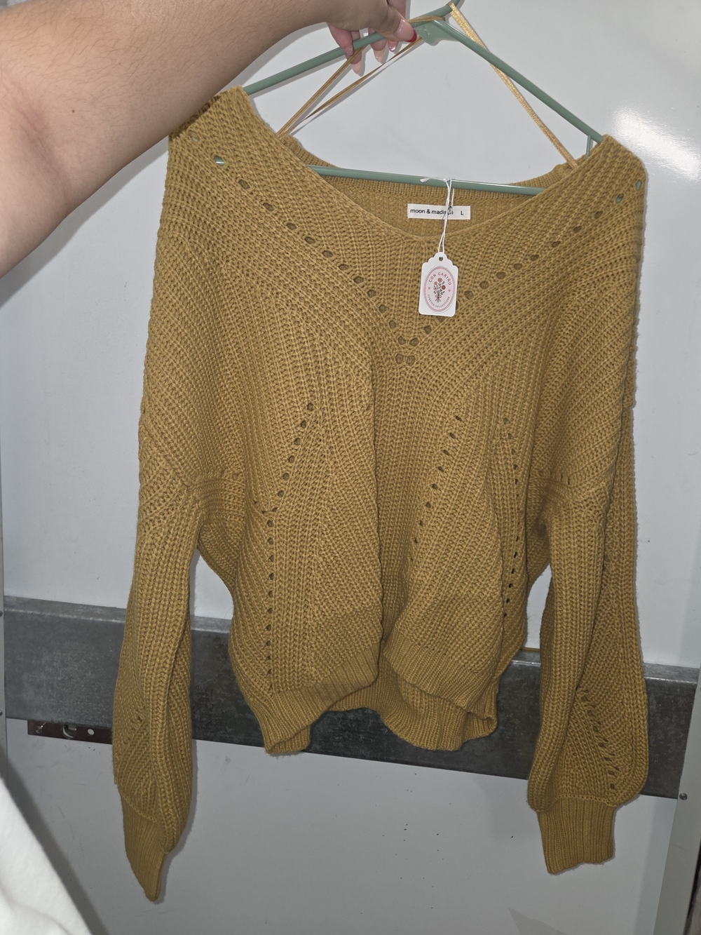 moon & madison Mustard Crewneck Open Stitch Knit Sweater